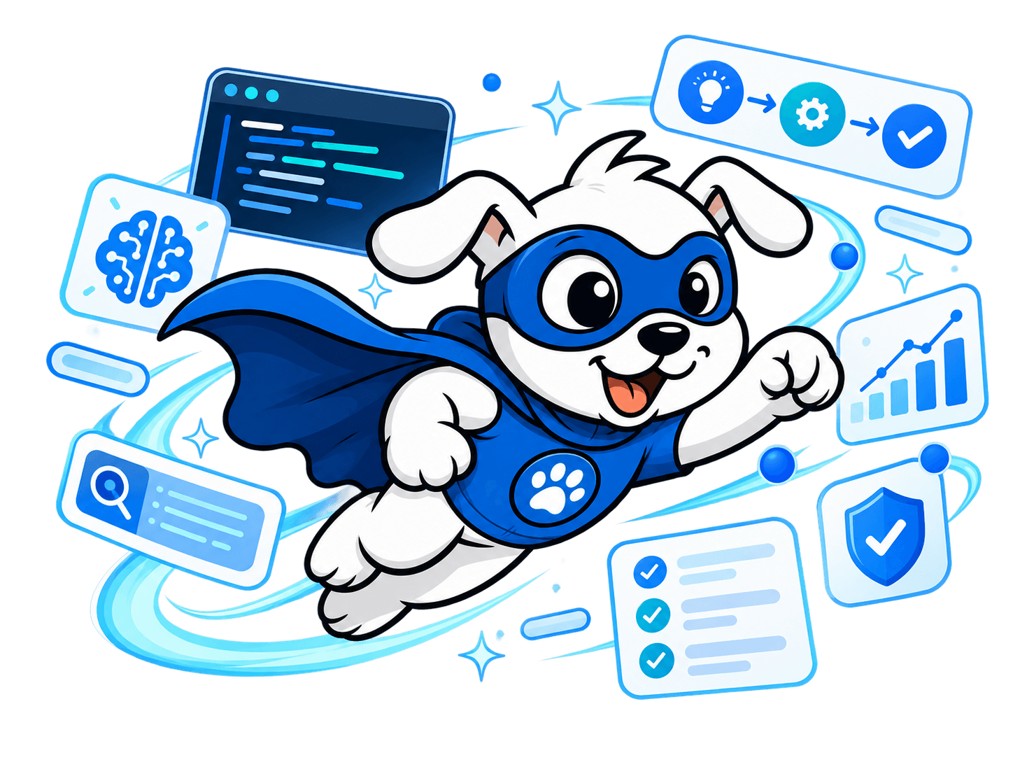 The VisiDog mascot, a dog in a superhero costume, surrounded by floating interfaces